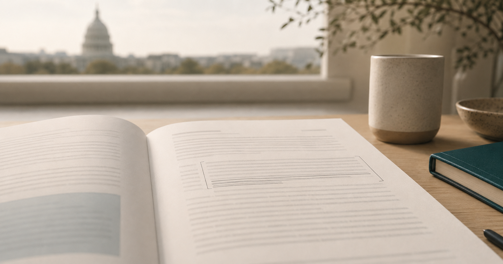 An open printed document on a desk with one passage bracketed, the Capitol dome visible through the window.