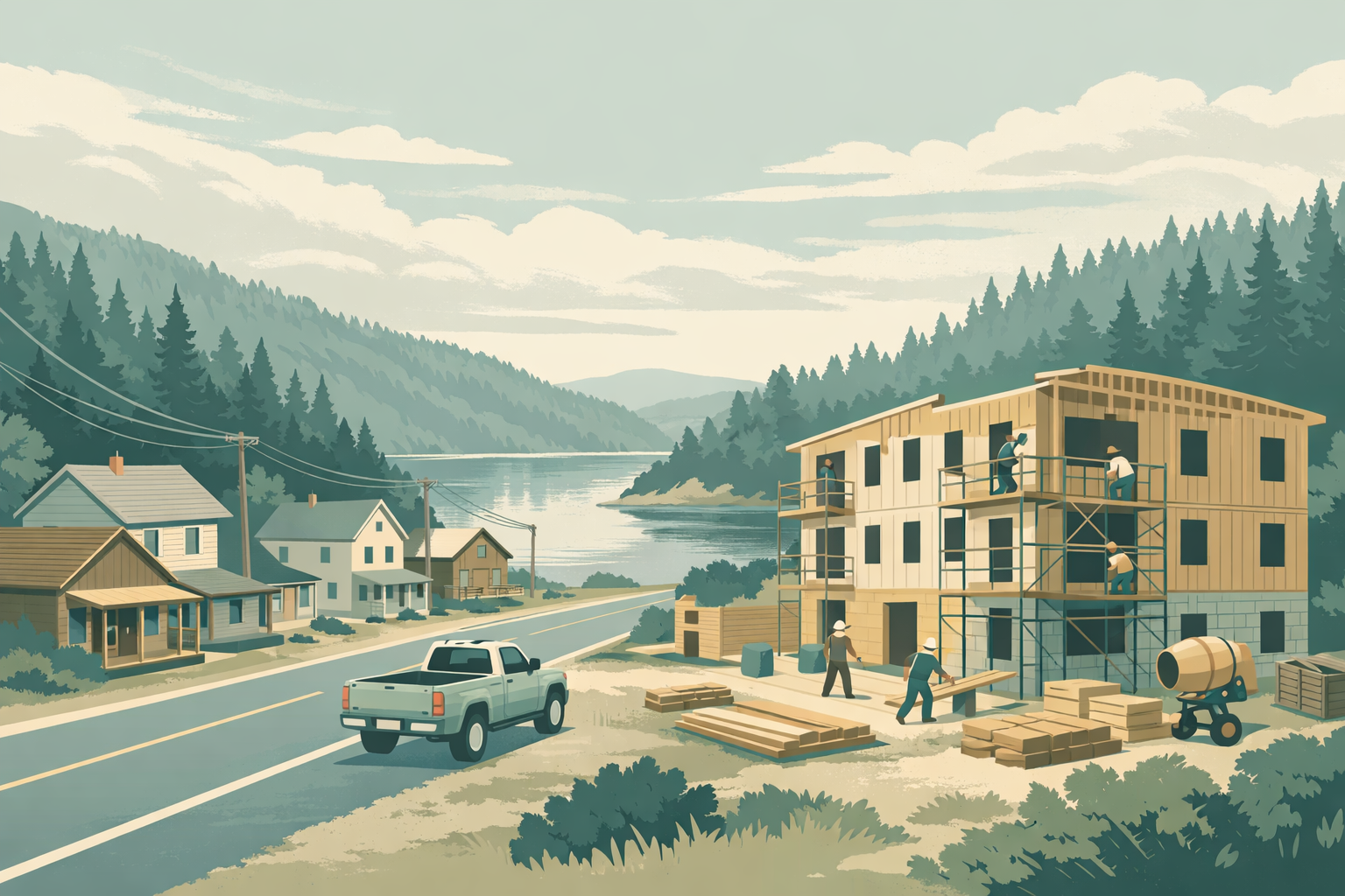An illustrated small town beside a forested inlet: older wood-frame houses line a two-lane road where a pickup truck drives, and nearby workers on scaffolding build a new three-story apartment building.