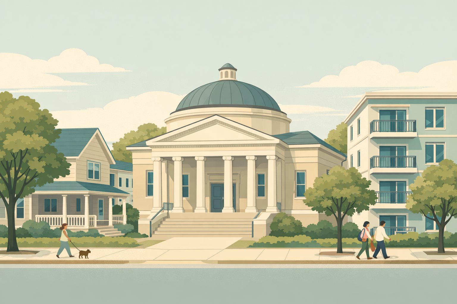 An illustrated daylight view of one civic street. A modest cream-colored public building with a columned portico and a low teal dome stands at the centre, set back behind a broad flight of steps. On the same block to its left is a detached house with a covered front porch, and to its right a four-story apartment building with balconies. Mature street trees line the sidewalk, where one resident walks a dog and two others walk past carrying bags.