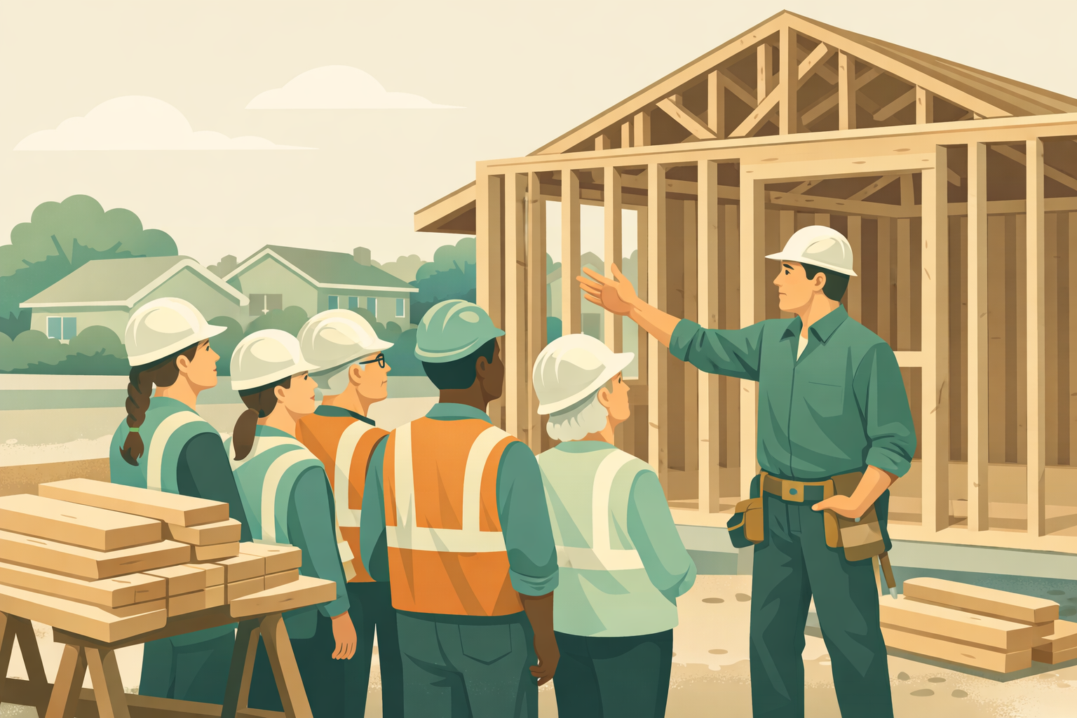 An illustrated construction site: an instructor in a hard hat and tool belt gestures toward the wood framing of a house as a group of trainees of varied ages in hard hats and safety vests looks on, with lumber on sawhorses and houses in the background.