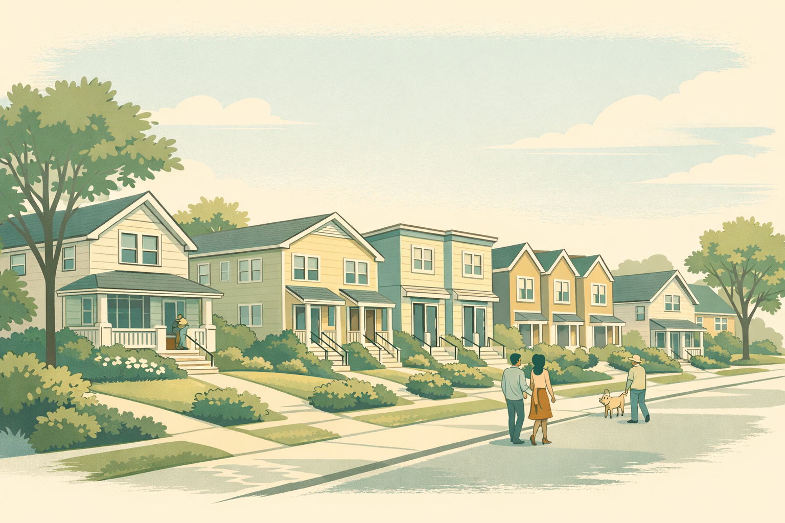 An illustrated daylight view down a residential street where several housing types stand side by side at a similar two- to three-story scale: a detached house with a covered front porch, then a duplex and a second two-door building each with paired entries and stoops, a row of three attached townhomes with gabled roofs, and another detached house further along. Front gardens, hedges and mature street trees line the sidewalk, and three residents walk a dog past the block.