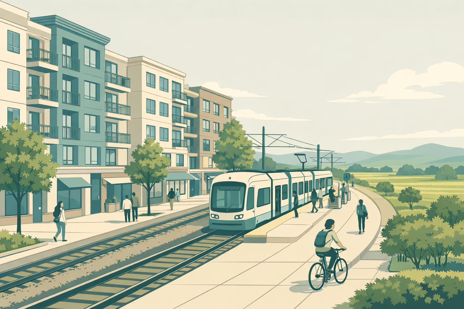 An illustrated daylight street scene: a row of four- to six-story cream and teal apartment buildings with ground-floor storefronts and street trees runs alongside a light-rail line, where a train waits at a small platform. People walk on the sidewalk and one rides a bicycle, and open green farmland and low hills stretch away beyond the last building.