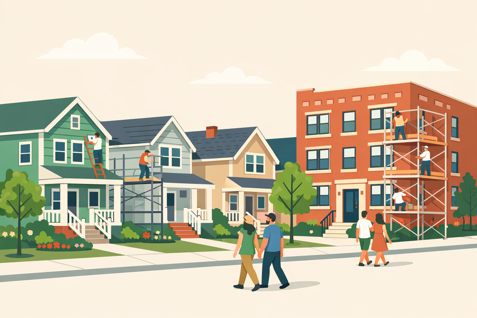 An illustrated residential street of older homes under renovation: workers on a ladder and scaffolding repaint and re-roof two wood-frame houses while more scaffolding stands against a brick apartment building, with street trees, planted front gardens and neighbors walking on the sidewalk.