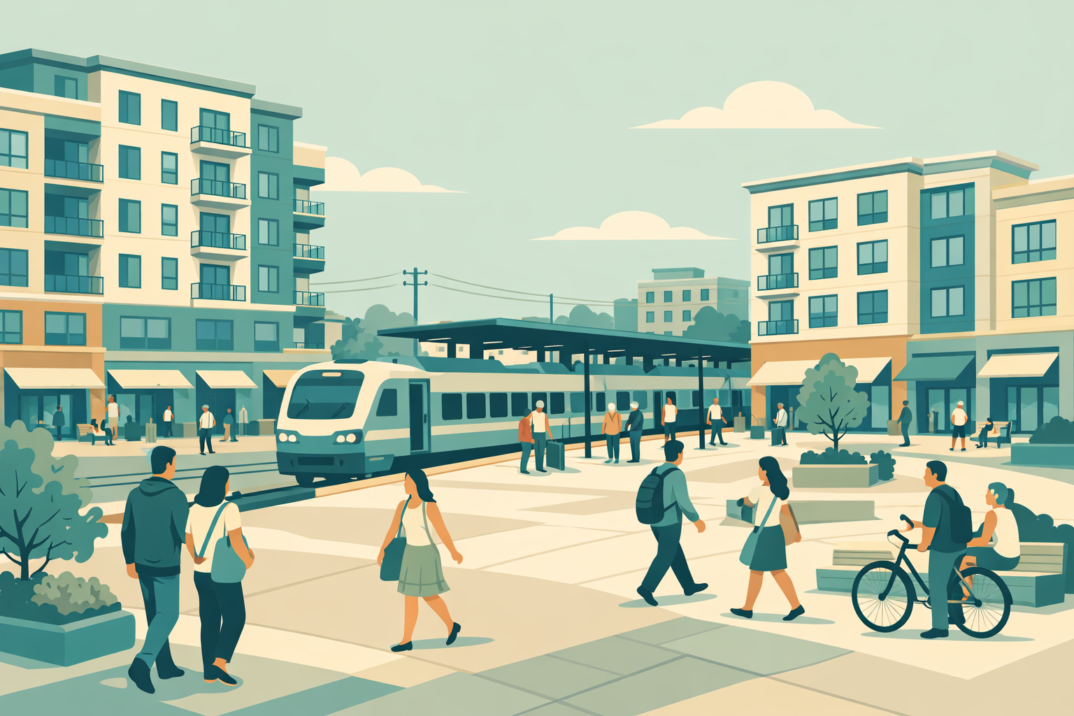 An illustrated downtown plaza beside a commuter rail station: a train waits at the platform, people walk and cycle across the plaza, and mid-rise apartment buildings with ground-floor shops stand on both sides.