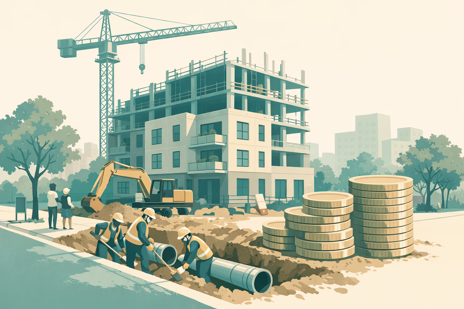 An illustrated city block: a partly built apartment building with a tower crane behind it, while in the foreground a crew in hard hats lays large pipe in a trench along the curb. Oversized stacks of coins sit beside the trench and two people watch from the sidewalk.