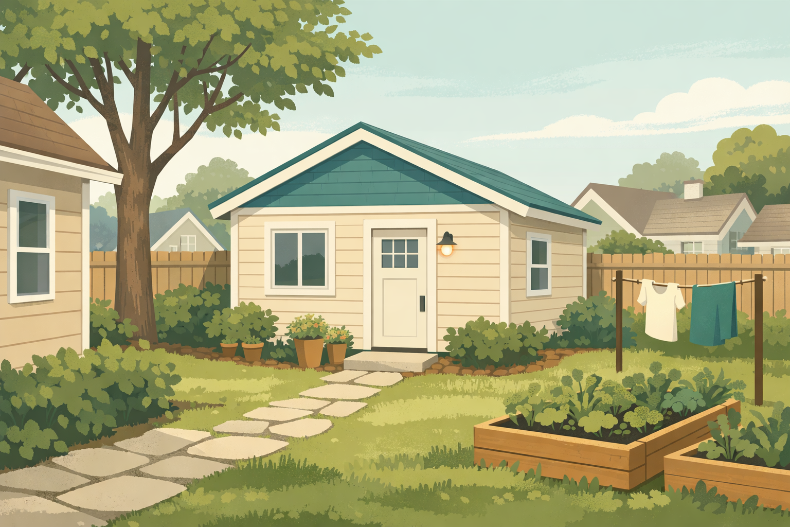 An illustrated backyard on an ordinary residential lot: a small one-story cottage with a teal gable roof, cream lap siding, a single white door under a porch light and two windows stands behind an existing house at the left. A paver path crosses the lawn to its step, with potted plants, shrubs, raised vegetable beds, a washing line, a wooden fence and neighboring rooftops beyond.