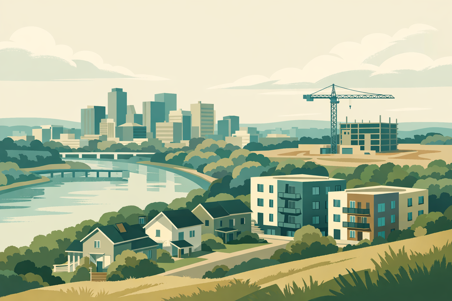 An illustrated hillside view of a river city: a downtown skyline and bridges in the distance, a tower crane over a building under construction at the edge of the city, and new small apartment buildings among houses in the foreground.