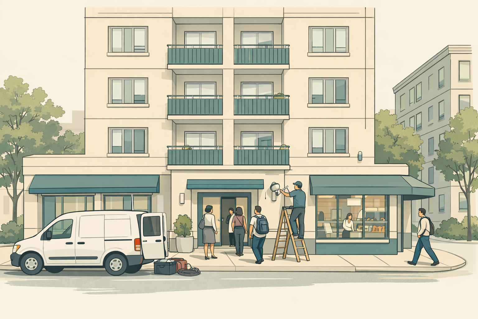 An illustrated daylight street view of a four-story cream apartment building with teal balconies and awnings. Residents stand talking at the entrance and another walks along the sidewalk, a maintenance worker on a stepladder services an exterior light fixture, a white service van is parked at the curb with a toolbox and coiled hose beside it, and ground-floor storefronts include an office where someone is working at a counter. A neighboring building and street trees continue the block.