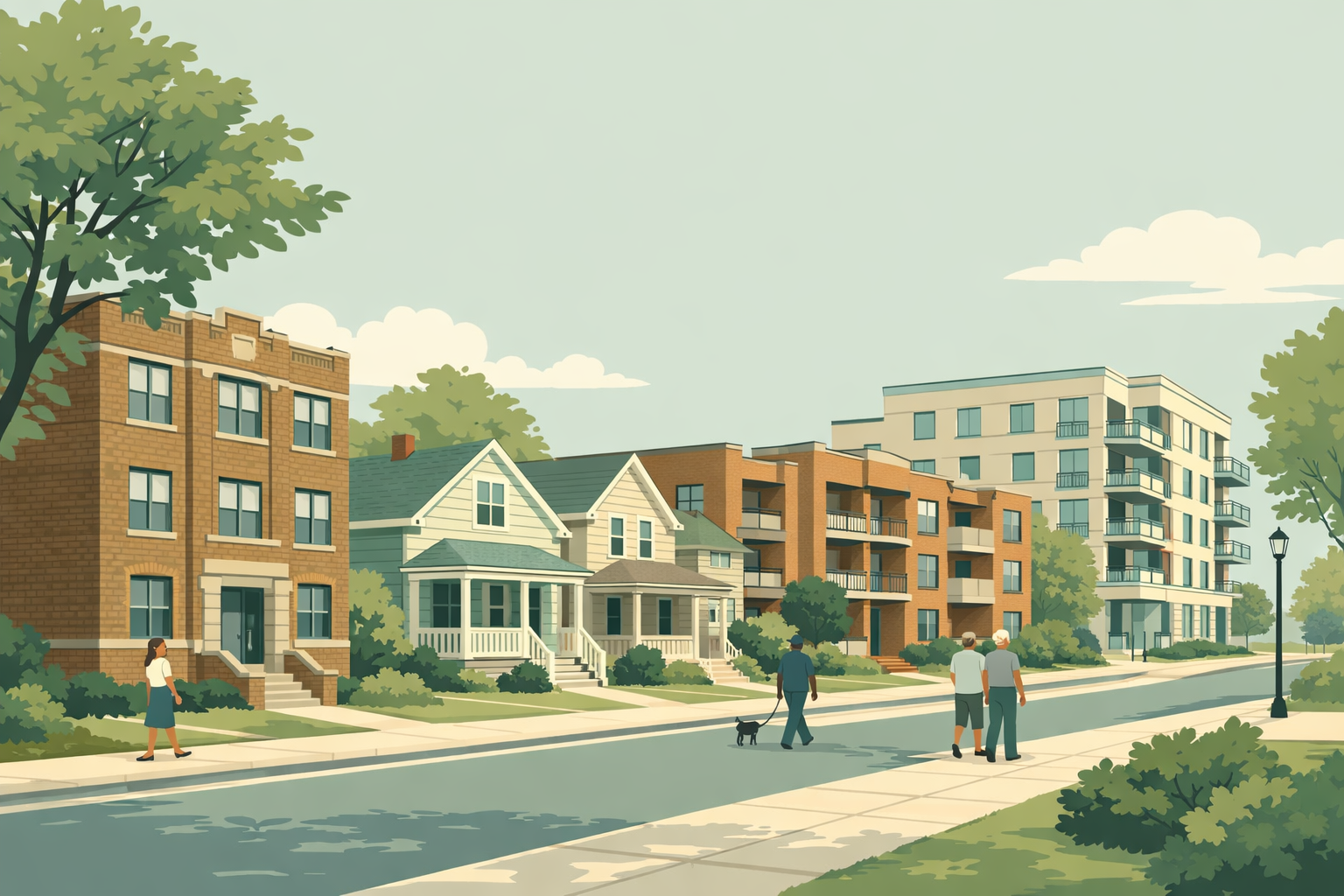 An illustrated daylight view along one neighborhood street where housing from several eras stands side by side: a 1930s brick walk-up on the corner, two postwar wood-frame houses with front porches and gardens, a brick courtyard apartment building with balconies, and a recent cream-colored mid-rise apartment building at the end of the block. Mature trees line the sidewalk and a few residents walk past, one of them with a dog.
