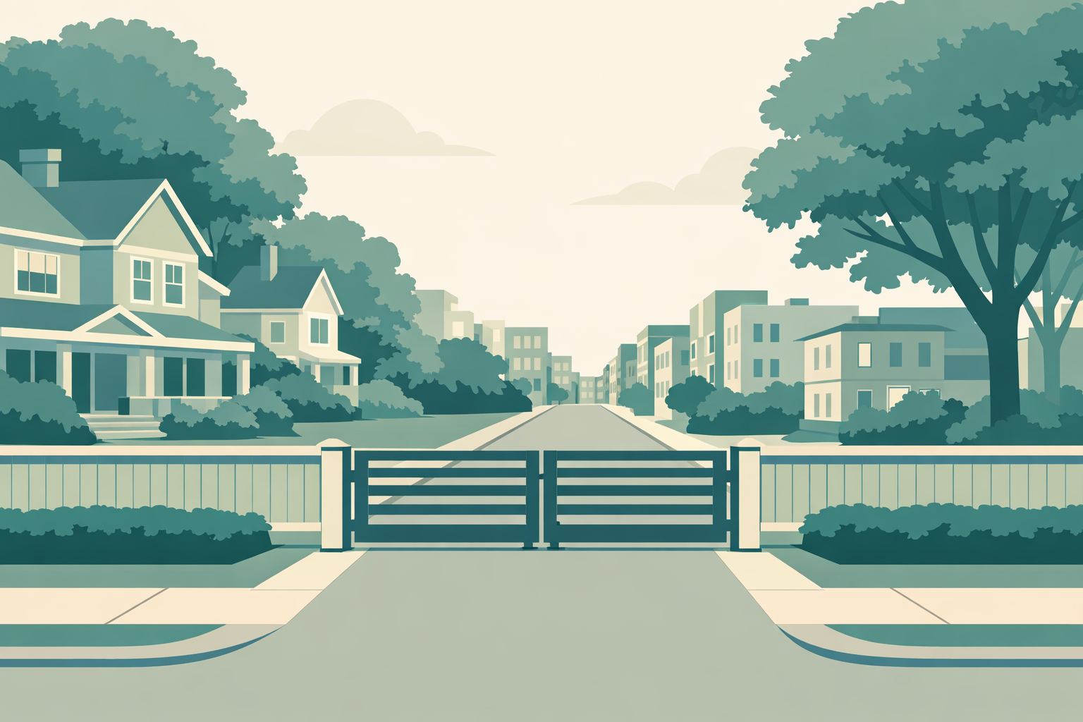 An illustrated residential street closed off by a gate in a long fence, with large detached houses behind the fence on one side and the street continuing beyond it toward rows of apartment buildings.