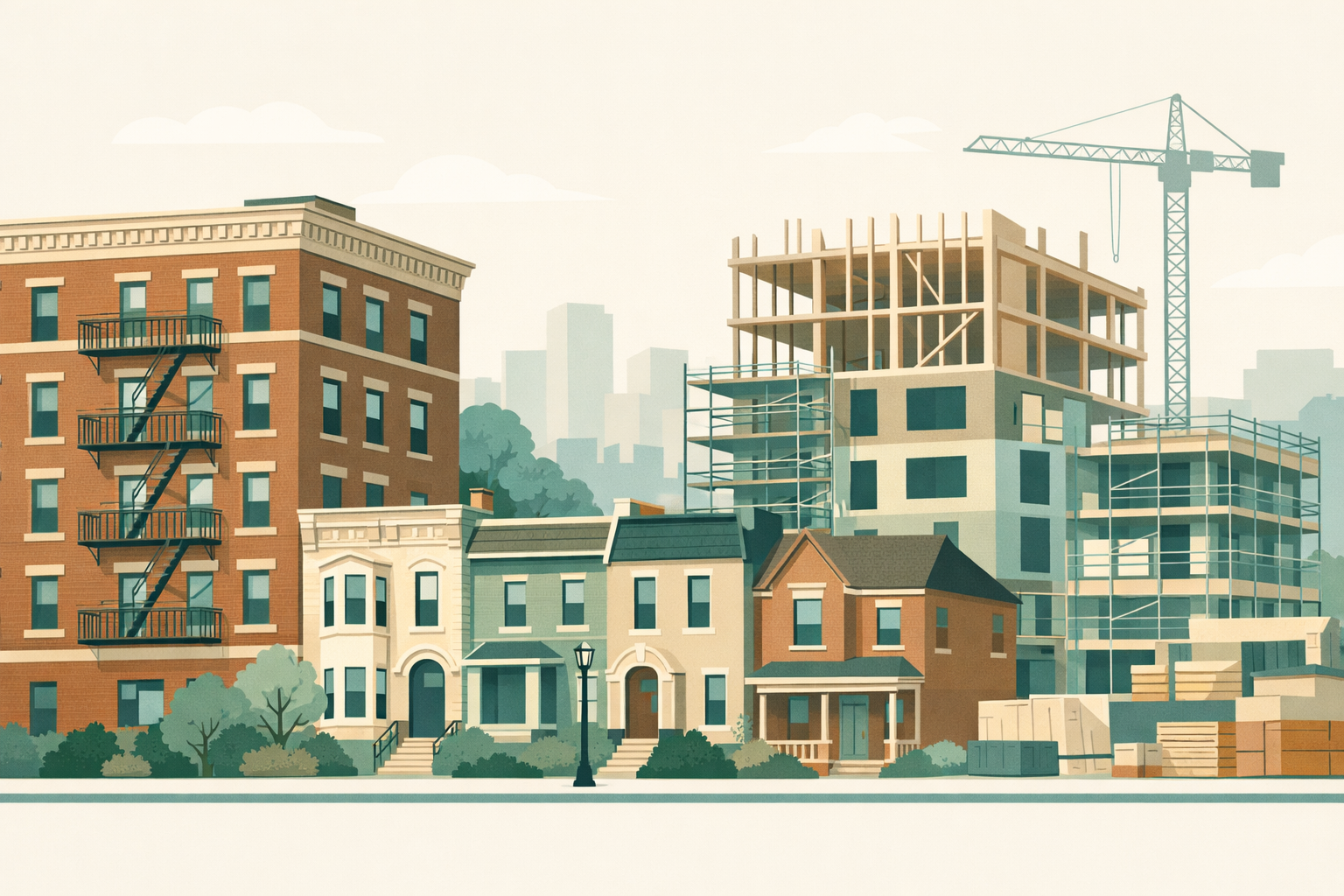 An established older apartment building and rowhouses in the foreground of a city block, with a new residential building under construction on the same street.